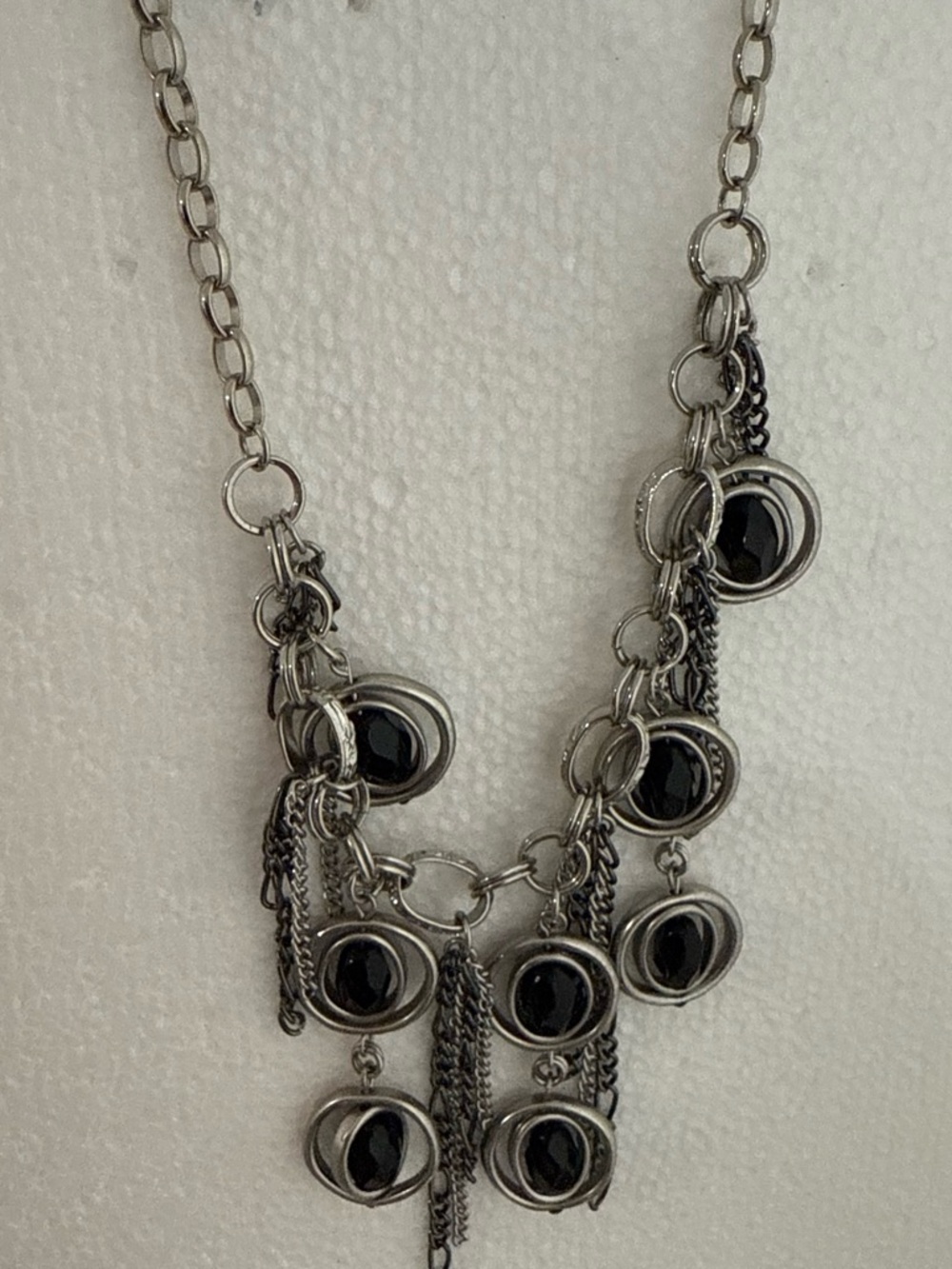 Layered Silver-Tone Necklace with Black Pendant Accents